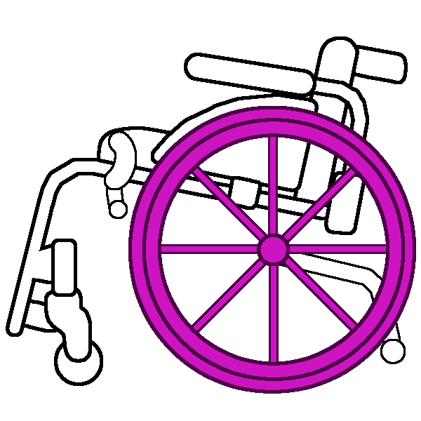 A black and white rigid wheelchair in profile with a bright pink wheel including the spokes, axel, push rim, and tire.